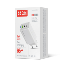Мережевий зарядний пристрій ColorWay GaN Mini 65W PD Port PPS USB (USB-2C1A) білий (CW-CHS058PD-WT)