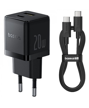 Мережевий зарядний пристрій Baseus Palm Fast Charger Type-C+USB 20W (With Cable Type-C to Type-C 60W 1m) Black