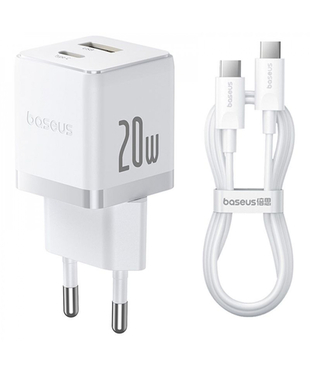 Мережевий зарядний пристрій Baseus Palm Fast Charger Type-C+USB 20W (With Cable Type-C to Type-C 60W 1m) White