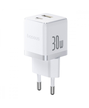 Мережевий зарядний пристрій Baseus Palm Fast Charger Type-C+USB 30W (With Cable Type-C to Type-C 60W 1m) White