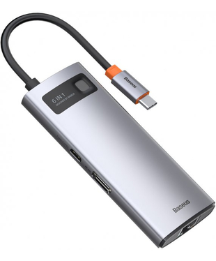 USB-хаб Baseus Metal Gleam Series 6-in-1 Multifunctional Type-C HUB Docking Station Gray (Type-C to HDMI*1+USB3.0*3+PD*1+RJ45*1) (CAHUB-CW0G)