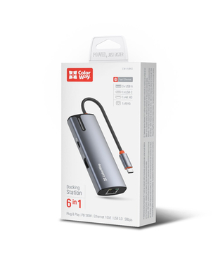 USB хаб (док-станція) СolorWay USB-C 6-в-1 Type C PD 100W/USB3.0х3/HDMI 4К/RJ45 (CW-HUB02)