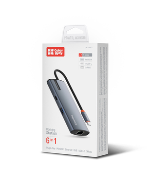 USB хаб (док-станція) СolorWay USB-C 6-в-1 Type C PD 100W/USB3.0х3/USB2.0/RJ45 (CW-HUB03)