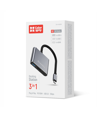 USB хаб (док-станція) СolorWay USB-C 3-в-1 Type C PD 100W/USB3.0/HDMI 4К (CW-HUB08)