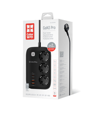 Мережевий фільтр-подовжувач СolorWay 3 розетки/4USB GaN3 Pro PD (2USB-A + 2 TYPE-C) (65W) 2M (CW-CHE34PDB)