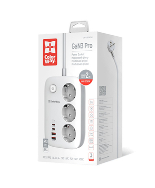 Мережевий фільтр-подовжувач СolorWay 3 розетки/4USB GaN3 Pro PD (2USB-A + 2 TYPE-C) (65W) 2M (CW-CHE34PDW)