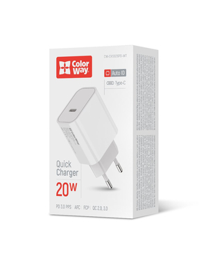 Мережевий зарядний пристрій ColorWay Power Delivery Port USB Type-C 20W V2 біле (CW-CHS026PD-WT)