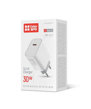 Мережевий зарядний пристрій ColorWay Power Delivery Port PPS USB Type-C (30W) білий (CW-CHS038PD-WT)