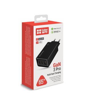 Мережевий зарядний пристрій ColorWay GaN3 Pro Power Delivery (USB-A + 2 USB TYPE-C) (65W) чорний (CW-CHS039PD-BK)