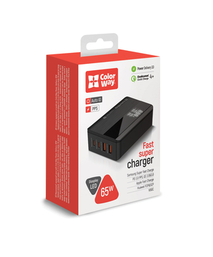 Мережевий зарядний пристрій ColorWay Power Delivery (2USB-A + 2USB TYPE-C) (65W) чорне (CW-CHS040PD-BK)