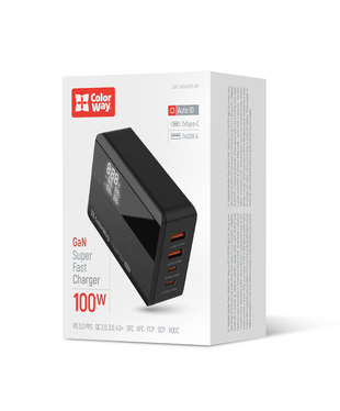 Мережевий зарядний пристрій ColorWay Power Delivery GaN (2USB-A + 2USB TYPE-C) (100W) чорний (CW-CHS041PD-BK)
