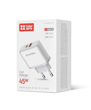 Мережевий зарядний пристрій ColorWay Power Delivery Port PPS USB (Type-C PD + USB QC3.0) (45W) білий (CW-CHS042PD-WT)