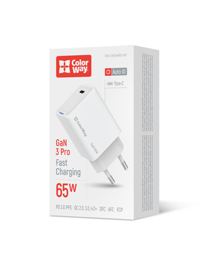 Мережевий зарядний пристрій ColorWay GaN Mini 65W PD Port PPS USB-C білий (CW-CHS049PD-WT)