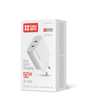 Мережевий зарядний пристрій ColorWay GaN Mini 50W PD Port PPS USB (Type-C PD 30W + Type-C PD 20W) білий (CW-CHS050PD-WT)