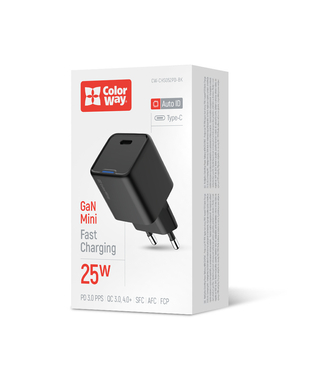 Мережевий зарядний пристрій ColorWay GaN Mini 25W PD Port PPS USB-C чорний (CW-CHS052PD-BK)