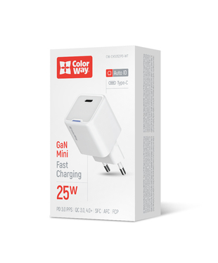 Мережевий зарядний пристрій ColorWay GaN Mini 25W PD Port PPS USB-C білий (CW-CHS052PD-WT)