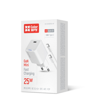 Мережевий зарядний пристрій ColorWay GaN Mini 25W PD Port PPS USB-C білий cable Type-C (CW-CHS052PDC-WT)