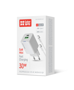 Мережевий зарядний пристрій ColorWay GaN Mini 30W PD Port PPS USB (Type-C PD + USB QC4.0) cable Type-C (CW-CHS053PDC-WT)