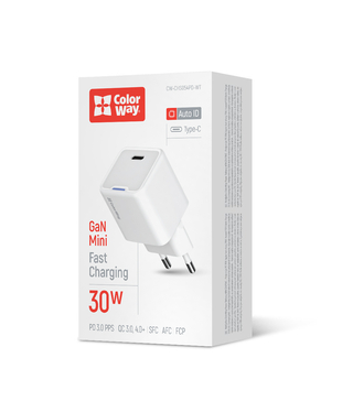 Мережевий зарядний пристрій ColorWay GaN Mini 30W PD Port PPS USB-C білий (CW-CHS054PD-WT)