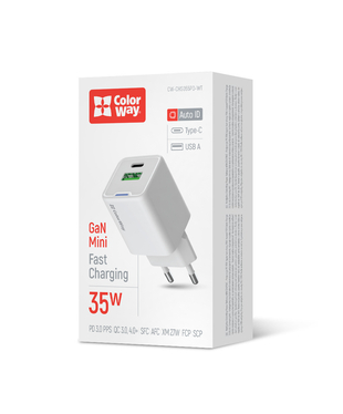Мережевий зарядний пристрій ColorWay GaN Mini 35W PD Port PPS USB (Type-C PD + USB QC4.0) білий (CW-CHS055PD-WT)