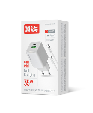Мережевий зарядний пристрій ColorWay GaN Mini 35W PD Port PPS USB (Type-C PD + USB QC4.0) cable Type-C (CW-CHS055PDC-WT)