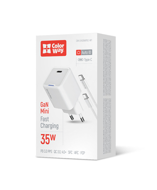 Мережевий зарядний пристрій ColorWay GaN Mini 35W PD Port PPS USB-C білий cable Type-C (CW-CHS056PDC-WT)