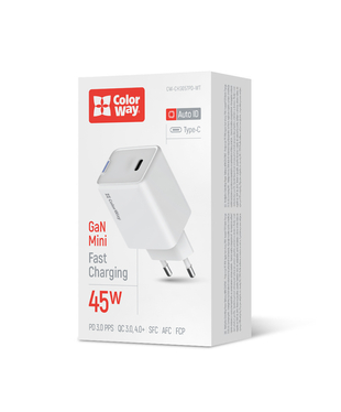 Мережевий зарядний пристрій ColorWay GaN Mini 45W PD Port PPS USB-C білий (CW-CHS057PD-WT)