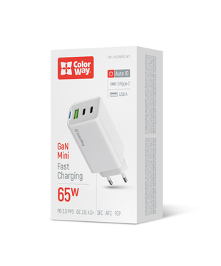 Мережевий зарядний пристрій ColorWay GaN Mini 65W PD Port PPS USB (USB-2C1A) білий (CW-CHS058PD-WT)
