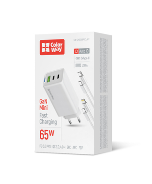 Мережевий зарядний пристрій ColorWay GaN Mini 65W PD Port PPS USB (USB-2C1A) cable Type-C&Lightning (CW-CHS058PDCL-WT)