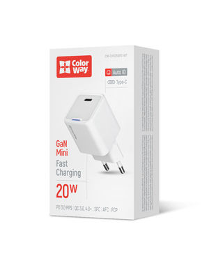 Мережевий зарядний пристрій ColorWay GaN Mini 20W PD Port PPS USB-C білий (CW-CHS059PD-WT)