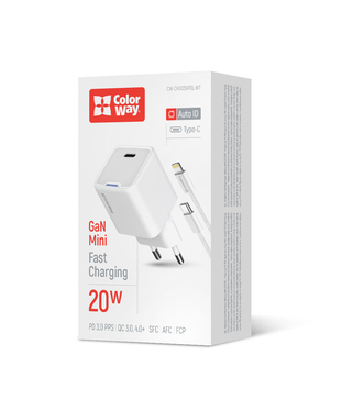 Мережевий зарядний пристрій ColorWay GaN Mini 20W PD Port PPS USB-C білий cable Lightning (CW-CHS059PDL-WT)