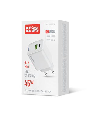 Мережевий зарядний пристрій ColorWay GaN Mini 45W PD Port PPS USB (Type-C PD + USB QC4.0) білий (CW-CHS060PD-WT)