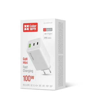 Мережевий зарядний пристрій ColorWay GaN Mini 100W PD Port PPS USB (USB-2C1A) білий (CW-CHS061PD-WT)