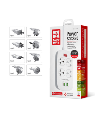 Мережевий фільтр-подовжувач СolorWay 4 розетки/4USB (1QC3.0 + 3 AUTO ID) (CW-CHU44QW)