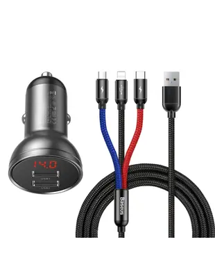 Автомобильное зарядное устройство Baseus Digital Display Dual USB 4.8A Car Charger 24W with Three Primary Colors 3-in-1 Cable USB 1.2M Black Suit Grey (TZCCBX-0G)