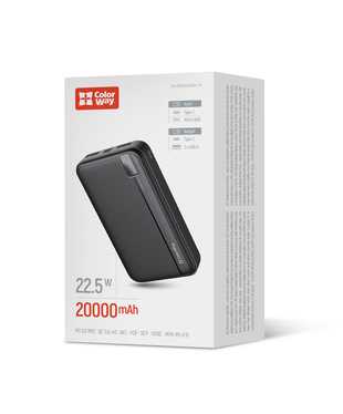 Універсальна мобільна батарея ColorWay Power Bank 20 000 mAh Portable Charger (USB QC3.0 + USB-C PD22.5W) Black
