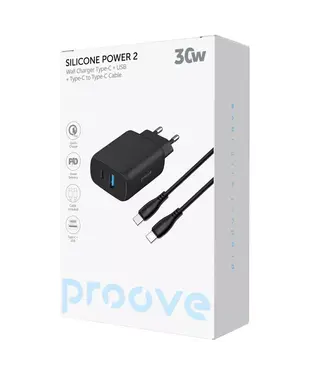 Сетевое зарядное устройство Proove Silicone Power 2 30W (Type-C + USB) + Cable Type-C to Type-C (1m) black (WCSP23011001)