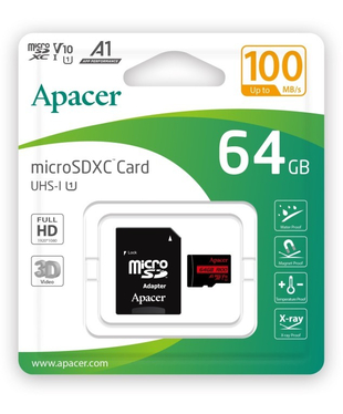 Карта пам'яті Apacer microSDXC UHS-I 64GB R100 +SD