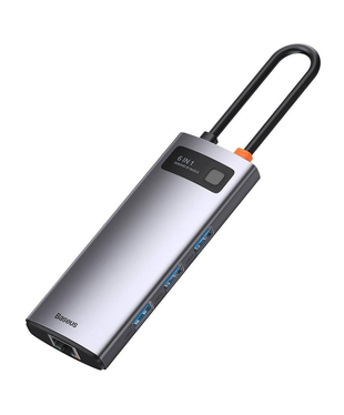 USB-Хаб Baseus Metal Gleam Series 6-in-1 (3xUSB3.0 + 4KHD + RJ45 + Type-C) Gray 
