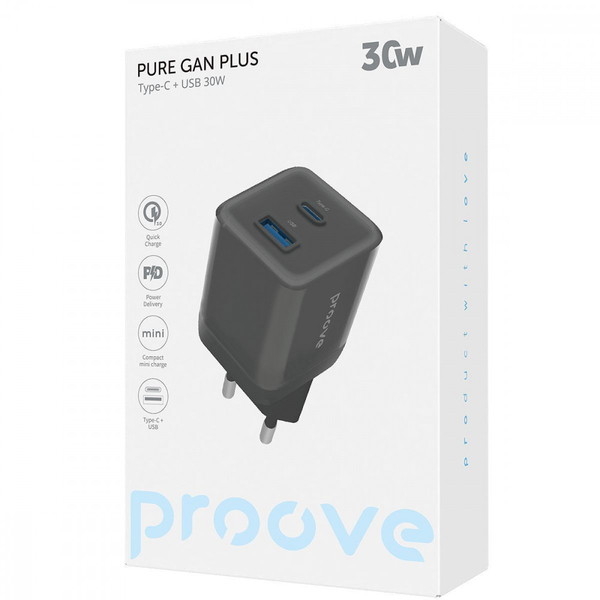 Мережевий зарядний пристрій Proove Pure GaN Plus 30W (Type-C + USB) Black, изображение 2
