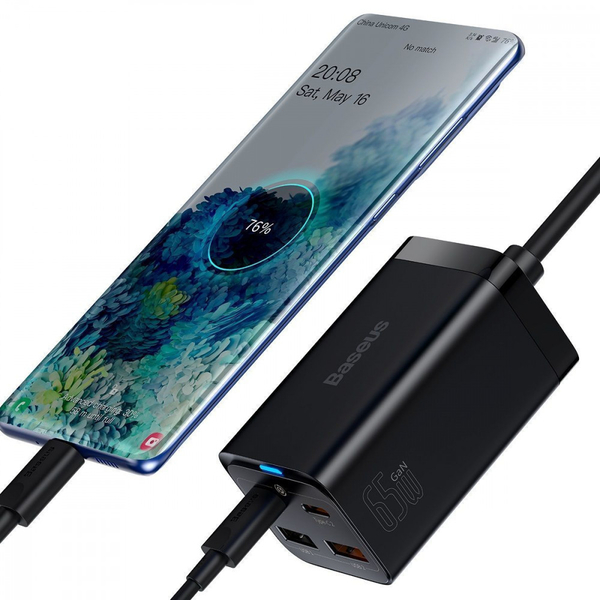 Мережевий зарядний пристрій Baseus GaN3 Pro 65W (2 Type-C + 2 USB) + Кабель Type-C to Type-C 100W (1m) Black, изображение 6