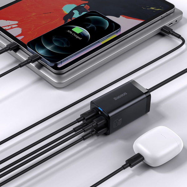 Мережевий зарядний пристрій Baseus GaN3 Pro 65W (2 Type-C + 2 USB) + Кабель Type-C to Type-C 100W (1m) Black, изображение 5