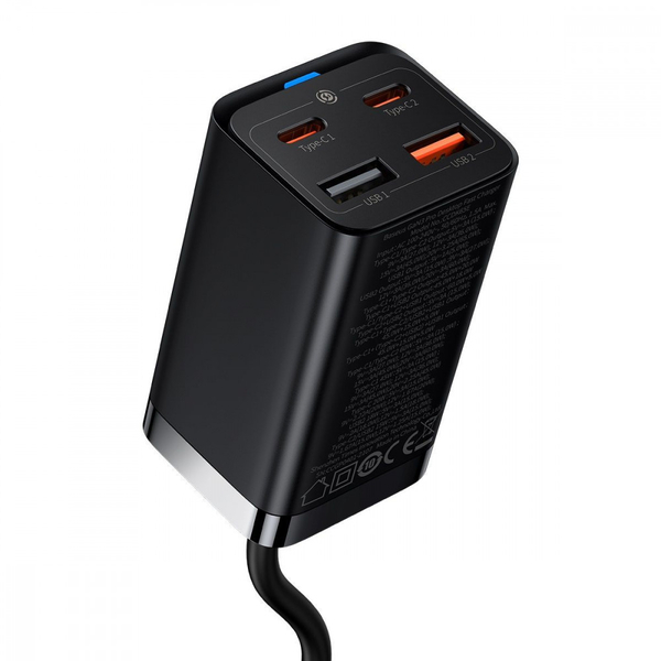 Мережевий зарядний пристрій Baseus GaN3 Pro 65W (2 Type-C + 2 USB) + Кабель Type-C to Type-C 100W (1m) Black, изображение 10