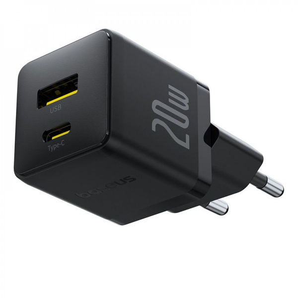Мережевий зарядний пристрій Baseus Palm Fast Charger Type-C+USB 20W (With Cable Type-C to Type-C 60W 1m) Black, зображення 3