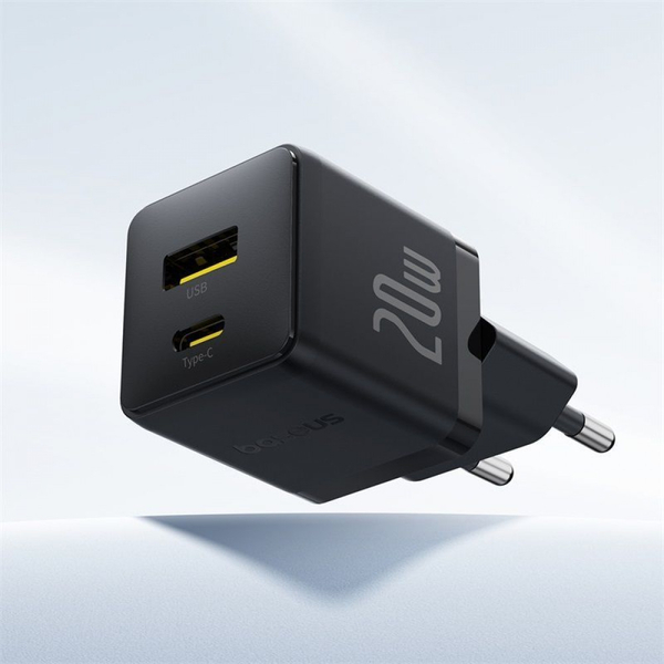 Мережевий зарядний пристрій Baseus Palm Fast Charger Type-C+USB 20W (With Cable Type-C to Type-C 60W 1m) White, зображення 9