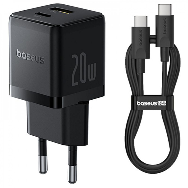 Мережевий зарядний пристрій Baseus Palm Fast Charger Type-C+USB 20W (With Cable Type-C to Type-C 60W 1m) Black