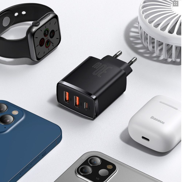 Мережевий зарядний пристрій Baseus Compact Quick Charger 30W (Type-C + 2USB) Black, изображение 8