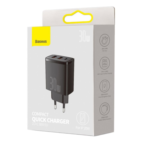 Мережевий зарядний пристрій Baseus Compact Quick Charger 30W (Type-C + 2USB) Black, изображение 2