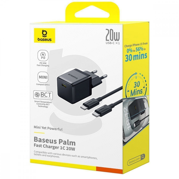 Мережевий зарядний пристрій Baseus Palm Fast Charger Type-C 20W (With Cable Type-C to Type-C 60W 1m) Black, зображення 2