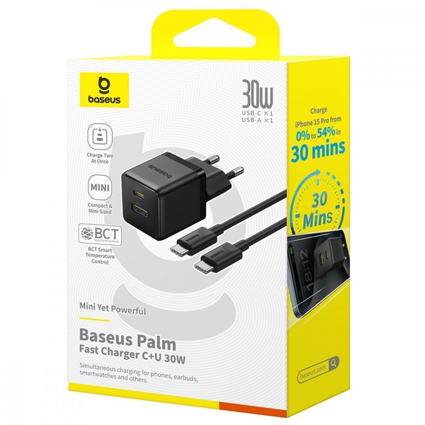 Мережевий зарядний пристрій Baseus Palm Fast Charger Type-C+USB 30W (With Cable Type-C to Type-C 60W 1m) Black, изображение 2